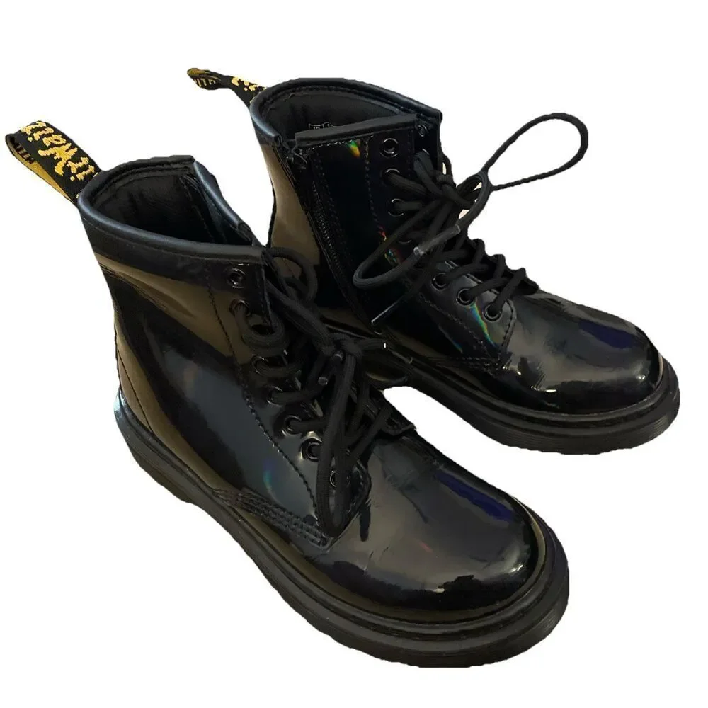 Dr Martens Jr Combat Black Glossy Leather  J Zip Up Boots Size 13 US